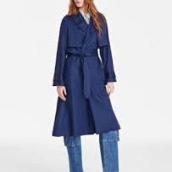 On 34th Blue Belted Storm Flap Trench Coat Size L - Picture 1 of 10